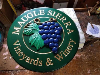 Hand carved and gold leafed 23K gold sign in spanish cedar for the winery in Vermont by AM Wood Carving & Furniture Repair in Hatboro